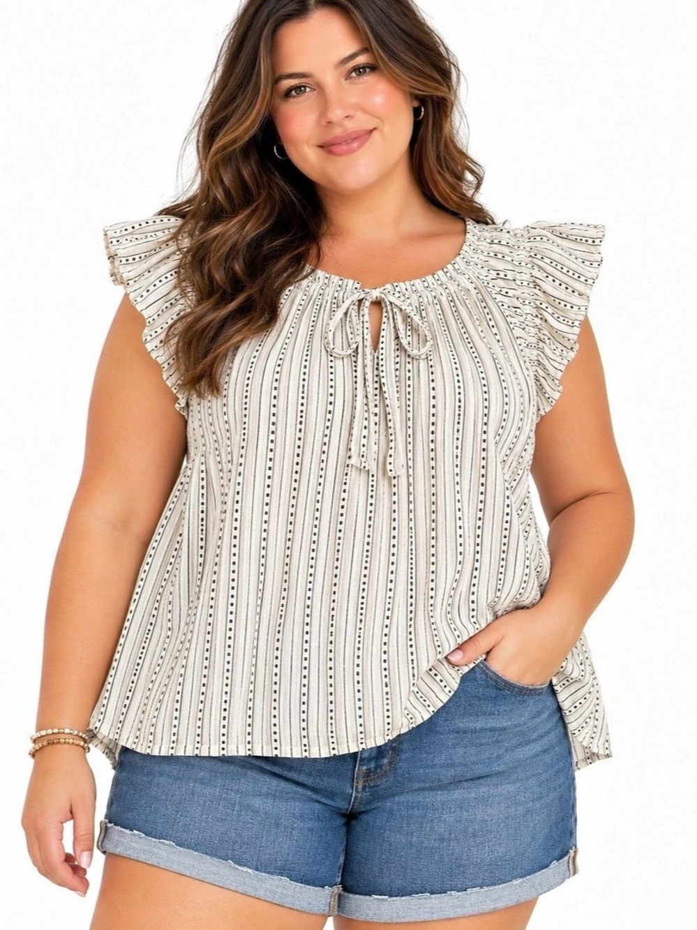 Old Navy Striped Ruffle Sleeve Blouse in White & Black XXL